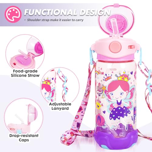 Kids Water Bottle with Straw/Lanyard for School Kids Girls Boys, 22oz BPA Free Child Drinking Water Bottle One-Click-Open Leak-Proof Locking Flip Lid for School Sport Travel - color: H10. Flower Fairy
