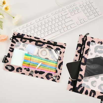 Leopard Print Cheetah Pink Pencil Pouch for 3 Ring Binder, 2 PCS Binder Pencil Pouch with Zipper, Clear Window Zipper Pencil Case Pencil Bags for School Office Supplies - color: Cheetah