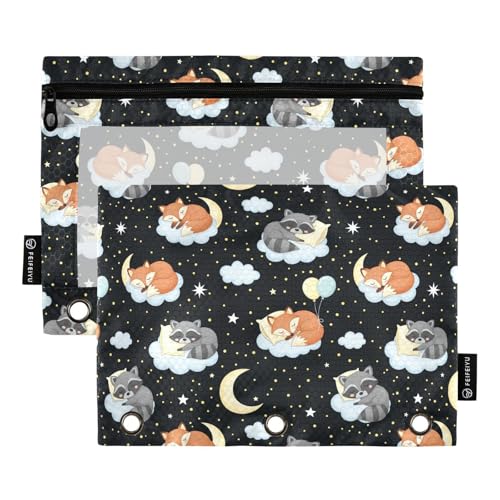 Emelivor Cute Fox Clouds Pencil Pouch for 3 Ring Binder 2 Pcs Binder Pouches with Zipper Pocket Pencil Case Bag with Clear Window for Storing College Office Supplies - color: 29-Cute Fox