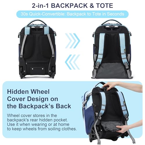 NEW TILAMI 18 Inch Expandable Rolling Backpack with 6-Wheel Stair Climbing, Waterproof Wheeled School Bag with 15.6" Laptop Sleeve for Boys Girls, Carry-on Luggage 98cm Dual-Height Handle - Sky Blue - color: Sky Blue