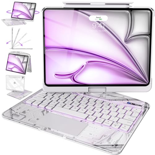 Intermerge Transparent Case with Keyboard for iPad Air 13"(M4/ M3/ M2, 2026/2025/ 2024) & Pro 12.9" (2022-2018) - 360° Swivel Multi-Touch Trackpad, 7-Color Backlit, Pencil Holder, Frost Pulse - color: Frost Pulse, size: Air 13"(m4,m3,m2)/ Pro 12.9"(2022-2