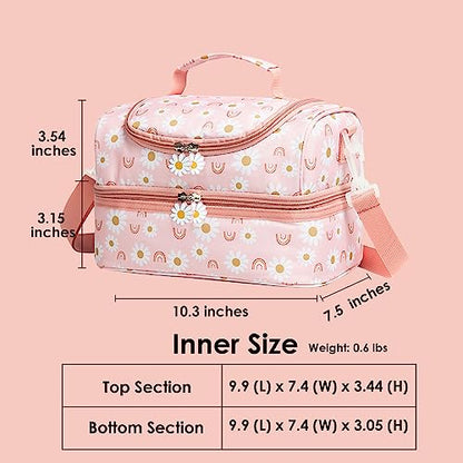 Insulated Kids Dual Compartment Lunch Bags Tote for Girls Boys Toddler Lunch Boxes Pre-School Toddler Kindergarten Elementary Picnic Food Cooler Thermal with Strap (Rainbow Daisies) - color: Rainbow Daisies