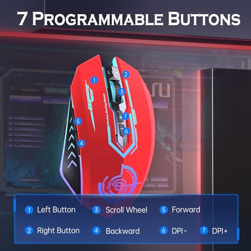 UHURU Gaming Mouse, Wireless Gaming Mouse with 7 Buttons 7 Changeable LED Color up to 12000 DPI, Rechargeable USB Gamer Mouse for PC Laptop (Red) - color: red