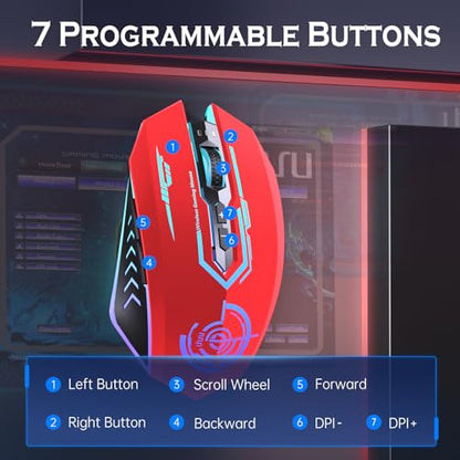 UHURU Gaming Mouse, Wireless Gaming Mouse with 7 Buttons 7 Changeable LED Color up to 12000 DPI, Rechargeable USB Gamer Mouse for PC Laptop (Red) - color: red