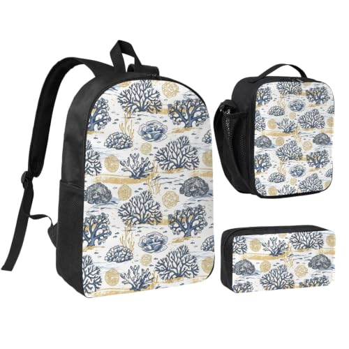 Blue And Gold Coral Reef Print Travel Pack Lunch Container Bag And Pouch | Feather Light Outdoor Backpack Combination Pack, 17in Splash Proof Laptop Shoulder Bag Thermal Meal Carrier And Pouch - color: 5