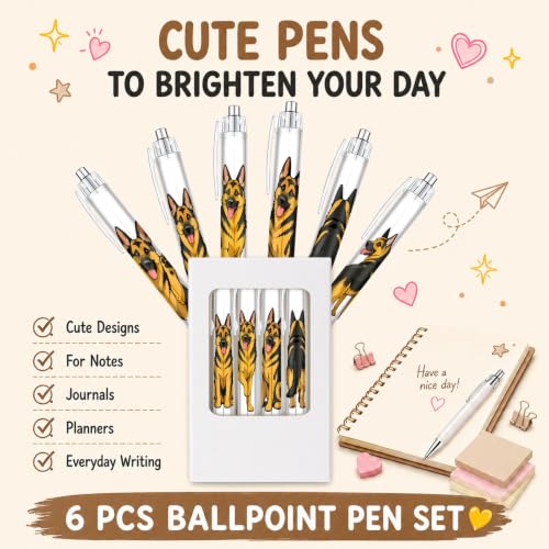 Cute German Shepherd Pens 6-Pack, Funny Dog Ballpoint Pens for Kids & Women, Puppy Gifts for Dog Lovers, School Supplies, Office Desk Accessories, Party Favors