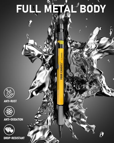 Four Candies 3PCS 1.3mm Metal Mechanical Pencil Set with Case, Yellow | 72 Refills (Red Yellow Black), 3 Erasers, Heavy Duty, Weatherproof Body for Adult Outdoor Construction Woodworking Marking - size: 3-Pack, style: Yellow