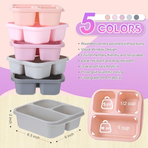 Honeydak 5 Pack Snack Containers 3 Compartment Bento Snack Boxes Divided Meal Prep Containers with Lids Reusable Adults Lunch Food Storage Box for School Work Travel(Pink Gray) - color: Pink Gray