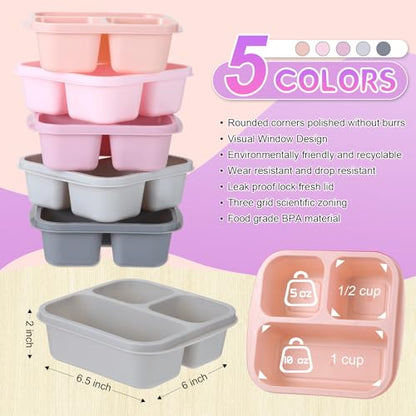 Honeydak 5 Pack Snack Containers 3 Compartment Bento Snack Boxes Divided Meal Prep Containers with Lids Reusable Adults Lunch Food Storage Box for School Work Travel(Pink Gray) - color: Pink Gray