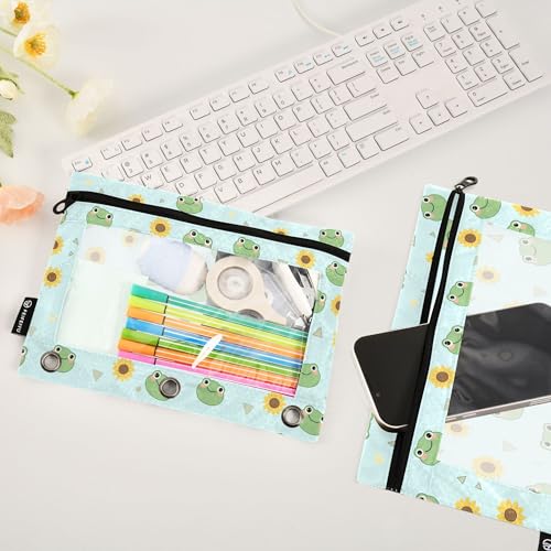 Tree Frog Rainy Day Binder Pouches 3 Ring for Boys Girls School Office College Supplies Daisy Sunflower Green Pencil Pouches Case Bag with Clear Window and Zipper 2 Pack - color: Frog