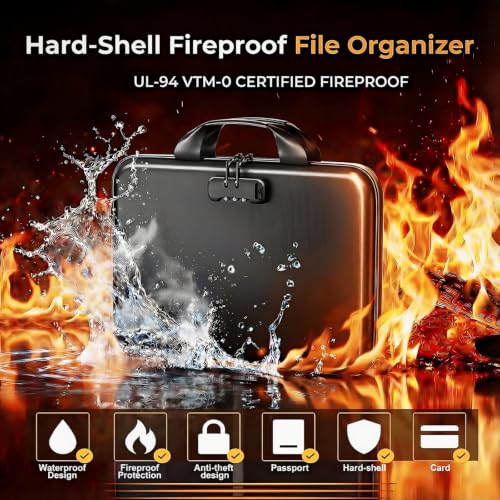 Fireproof File Organizer with Lock，Hard Case Fireproof Document Box with 13 Pockets Accordion File Folder，Portable Home Office Safe Storage for Important Documents Laptop （Black） ﻿