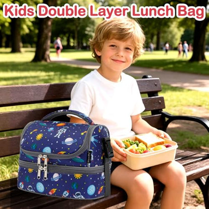 FlowFly Kids Double Decker Cooler Insulated Lunch Bag Large Tote for Boys, Girls, Men, Women, With Adjustable Strap, Astronaut - color: Astronaut