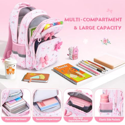 Kids Backpack for Girls 4-8, Cute 3D Soft Bow Toddler Backpack with 34oz Lunch Box, Insulated Bag, Pen Case & Utensils, School Bookbag for Preschool Kindergarten Elementary Student - color: Bow