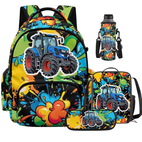 Cartoon Tractor Backpack for Boys Kids Backpack with Lunch Box for Boys Set of 4 School Backpacks Matching Combo Back to School Gifts and Pencil Case Pouch for Teens Children Ages 6-17 - color: Cartoon Tractor