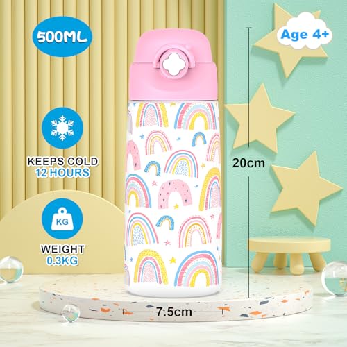 Girls Insulated Water Bottle with Covered Pop-Up Straw,16 oz Kids Cups with Stainless Steel Leak Proof for School（Rainbow-Pink） - color: A11.Rainbow, style: 1Pack