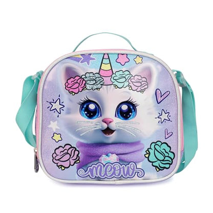 Cartoon Rolling Backpack for Boys Girls, Kids 5 Pcs Wheeled Backpack, Travel Backpack for Elementary Students (Cat Purple) - color: Cat Purple