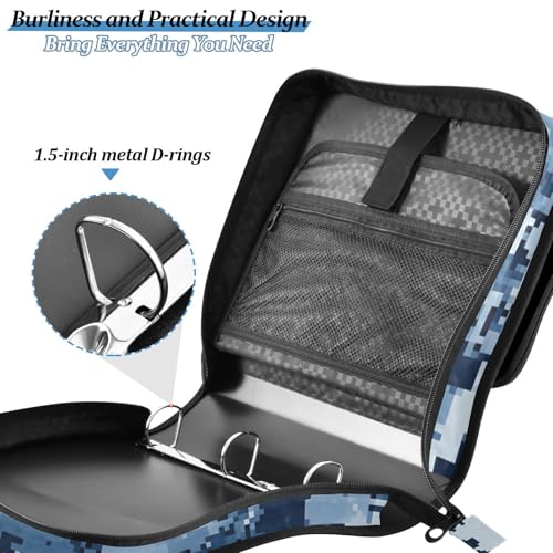 Bolaz Durable 3 Ring Binder Bag with Zipper,Blue Digital Camouflage Pattern,1.5 Inch Multi-Pockets Organizer with Shoulder Strap and Handle - color: Blue Digital Camouflage