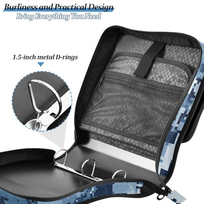 Bolaz Durable 3 Ring Binder Bag with Zipper,Blue Digital Camouflage Pattern,1.5 Inch Multi-Pockets Organizer with Shoulder Strap and Handle - color: Blue Digital Camouflage