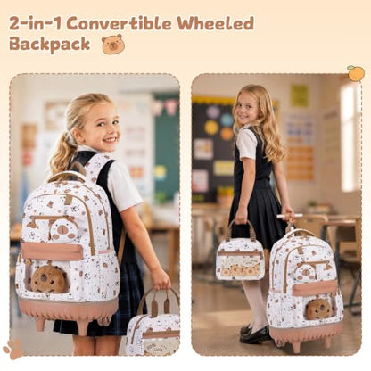 Capybara Theme Rolling Backpack with Lunch Bag & Pencil Case, Kids Rolling Backpack for Girls, Wheeled School Bookbag with Telescoping Handle for Kindergarten Elementary Middle High School - color: Beige