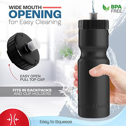 50 Strong Sports Water Bottles – Reusable 22 oz BPA-Free Plastic Bottles with Pull Top Cap – Made in USA – Top Rack Dishwasher Safe – Fits Most Bike Cages Brand - color: Black, style: 6 Pack