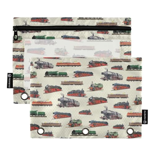 Train Pencil Pouch for 3 Ring Binder, Binder Pencil Pouches with Clear Window Zipper Pencil Case for Office College Supplies, 2PCS (B0303) - color: B0303