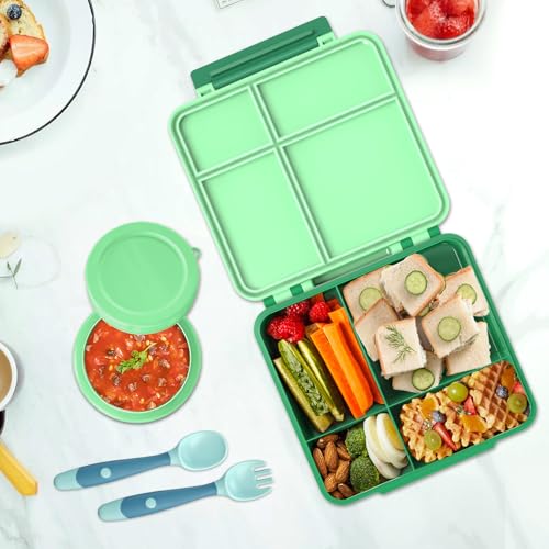 Aimsnk Lunch Box Kids with Thermo Insulated Lunch Bag for School, Green | Bento Lunch Box for Kids with 8oz Food Jar, Leak Proof Hot Lunch Containers with 4 Compartment, Warm Lunchbox for Toddler - color: Green