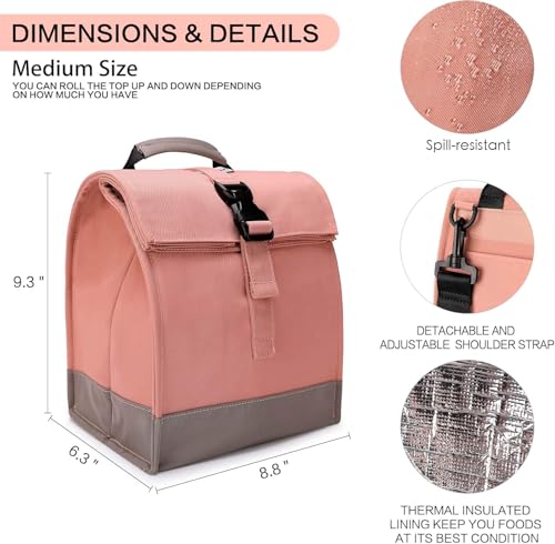 SUNNY BIRD Insulated Lunch Bag Rolltop Lunch Box (Pink with pink shoulder strap) - color: Pink with pink shoulder strap