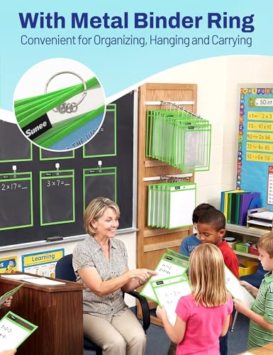 SUNEE 6 Packs Oversized Reusable Dry Erase Pocket Sleeves with Ring, Green 10x14 Ticket Holders, Clear Plastic Sheet Protectors, Teacher School Classroom Supplies - color: Green, style: 6 Pack