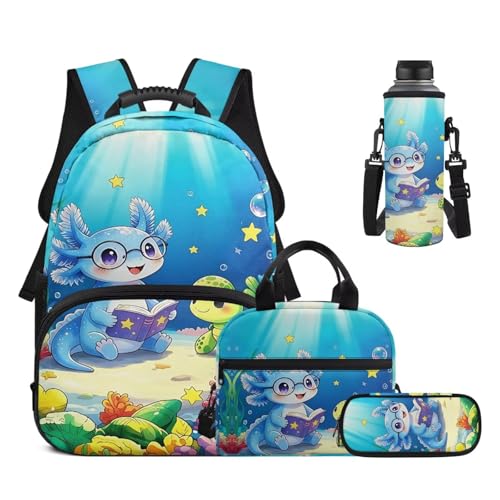 Blue Axolotl 4PCS Backpack Set for Elementary School Kids 6-11 - 17 inch Turtle Print Backpack withwith Insulated Lunch Box, Pencil Case & Water Bottle Holder for Back to School - color: Blue Axolotl