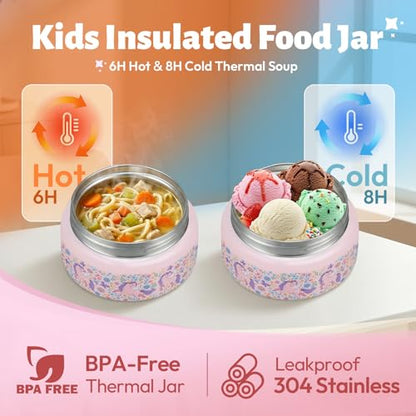 Itslife Bento Box for Kids Set, Insulated Food Container,Kids Lunch Box, 7 oz Thermos for Hot Food, 12 oz Thermos Water Bottle, Reusable Insulated Ice Bag & Fork Spoon Utensils Camping Travel Pink - color: Pink-DJ