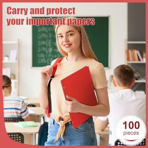 Yeaqee 100 Pcs Plastic Folders with Pockets Bulk 3 Hole Punched 2 Pocket File Folders for 3 Ring Binder Divider Folder for Notebooks, Durable Poly for Office Home (Red) - color: Red