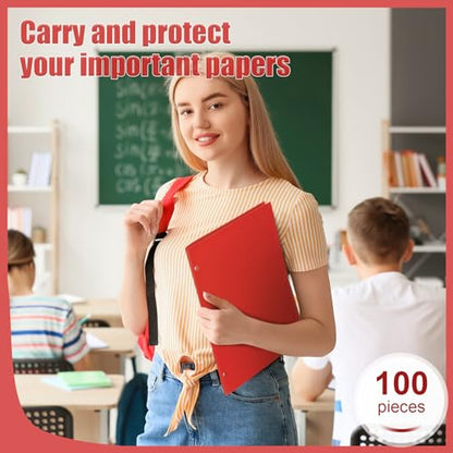 Yeaqee 100 Pcs Plastic Folders with Pockets Bulk 3 Hole Punched 2 Pocket File Folders for 3 Ring Binder Divider Folder for Notebooks, Durable Poly for Office Home (Red) - color: Red