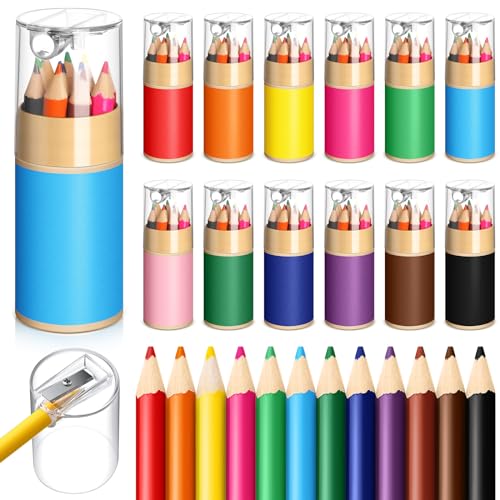 12 Sets Mini Drawing Colored Pencils Bulk with Sharpener, 3.5" Small 12 Colors Portable Travel Pencil Set for Easter Graduation Party Favors Supplies