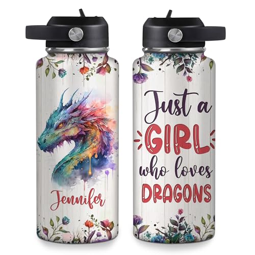 Hyturtle Personalized Dragon Water Bottle - Travel Insulated Stainless Steel Bottle with Leak-Proof Lid 18oz 32oz - Fantasy Gift for Women Girls Dragon Lovers - Birthday & Christmas Gift - color: Dragon