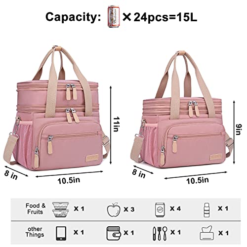 Weitars Lunch Bag for Women, Loncheras Para Mujer, Leakproof Insulated Large Lunchbox Dual Compartment Lunch Box Adult For Work Beach Picnic Hiking (15L) (Pink) - color: Pink
