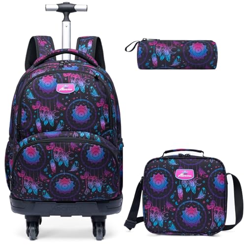 Kids Rolling Backpack for Girls Geometric Suitcases Trolley Roller Luggage Backpacks with 360° Rotating Wheels 15" Laptop Lunch Box Pencil Case for Elementary 18" Travel School Bag Purple - color: Blue-jihe-1220