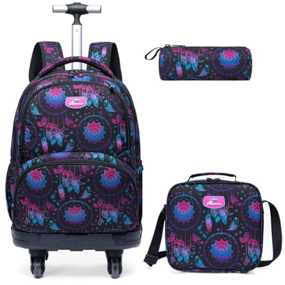 Kids Rolling Backpack for Girls Geometric Suitcases Trolley Roller Luggage Backpacks with 360° Rotating Wheels 15" Laptop Lunch Box Pencil Case for Elementary 18" Travel School Bag Purple - color: Blue-jihe-1220
