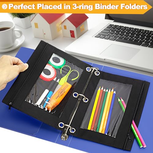 3-Ring Pencil Pouch, 2 Pack Black Bulk Pencil Case, Pencil Bags with Zipper for Office Supplies Cosmetics, with Zipper & Reinforced Grommets Fabric Large Pencil Case for 3 Hole Binder - color: Black