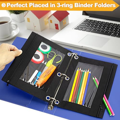 3-Ring Pencil Pouch, 2 Pack Black Bulk Pencil Case, Pencil Bags with Zipper for Office Supplies Cosmetics, with Zipper & Reinforced Grommets Fabric Large Pencil Case for 3 Hole Binder - color: Black
