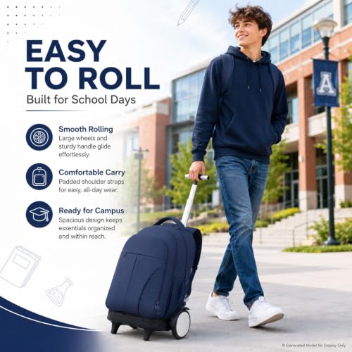 AGSDON Quiet Glide Rolling Backpack with Lunch Box Set - Large Wheel Water-Resistant Wheeled Bag for Business, Travel, and College | Navy Blue 3-in-1 Organizer Backpack - color: Reflective Blue - Rolling Backpack