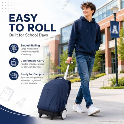 AGSDON Quiet Glide Rolling Backpack with Lunch Box Set - Large Wheel Water-Resistant Wheeled Bag for Business, Travel, and College | Navy Blue 3-in-1 Organizer Backpack - color: Reflective Blue - Rolling Backpack