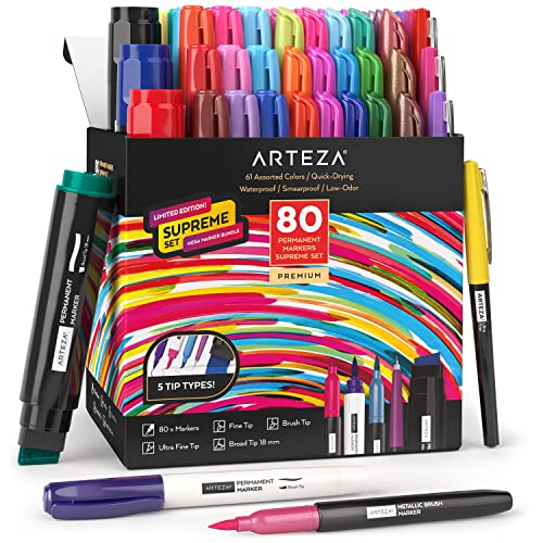 ARTEZA Permanent Markers – Set of 80 with 61 Assorted Colors, Low-Odor Quick-Dry Paint Pens, Broad, Fine, and Brush Tip for Arts, Crafts & Labeling - style: Set of 80, 60 Assorted Colors