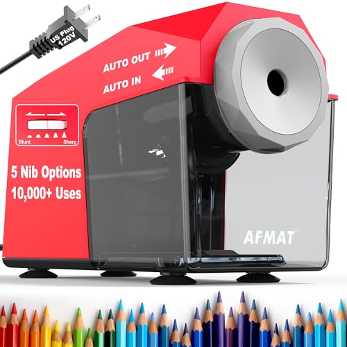 AFMAT Electric Pencil Sharpener, Fast & Hands-Free, 10K+ Uses, 5 Nibs, Fully Automatic Pencil Sharpener for Classroom, Heavy Duty Sharpeners for No.2/Jumbo/Colored Pencils (φ6.5-10.5mm) US Plug(120V) - color: Red