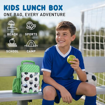 Fit & Fresh Customizable Charm Lunch Bag for Boys & Girls, Soccer Kids Lunch Box with 6 Sports Charms, Premium Insulated Reusable Lunch Tote for School - color: Pitch Break Soccer