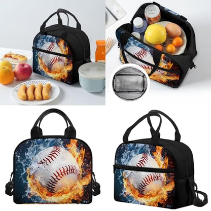 Horeset Baseball Flame Water Backpack for School Boys 3 Pack Casual Bookbags & Water Bottle Sling Bag & Picnic Lunch Bag Primary Middle School Rucksack with Breathable Padded Shoulder Straps - color: Baseball Flame Water