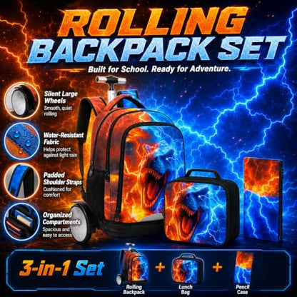 gxtvo Large Wheels & Quiet Glide | Rolling Backpack for Kids - Water-Resistant Wheeled Bag with Lunch Box for School, Travel & Outings - Fire & Lightning Dinosaur - color: Rolling Backpack Fire Lightning Dinosaur