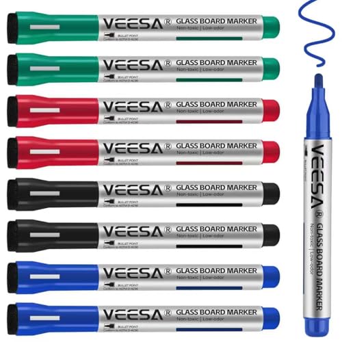 Glass Board Dry Erase Markers, Bullet Tip, 8 Pack with Magnetic Eraser Caps, 4 Assorted Colors, Designed for Glass Board, Bold Color