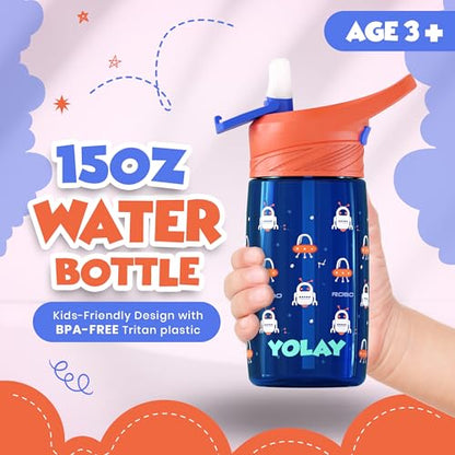 YOLAY 15oz Kids Water Bottle For School Boys and Girls, Durable Toddler Water Bottle with Straw Lid Leak-Proof, Spill Proof, Easy Clean and Dishwasher Safe with Re-Usable and BPA Free - Robo - color: Robo