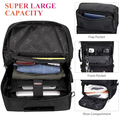 WITZMAN Carry on Travel Backpack for Men Airline Approved Fits 16" Laptop | Nylon 3 in 1 Luggage Duffle Bag with USB Charging Port, Shoe Compartment, For Weekend Getaway, Overnight Trip, B682 Black) - color: 01.black