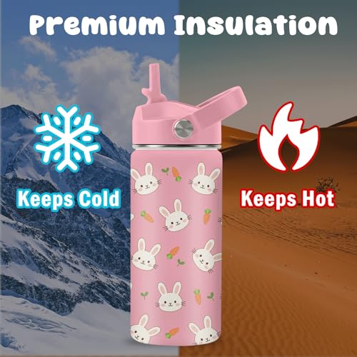 Hiboss Rabbit Water Bottle for Girls, 16oz Kids Water Bottle Stainless Steel Insulated with Straw Lid, Pink Rabbits Travel Cup Tumbler for Birthday Gift - color: Rabbit